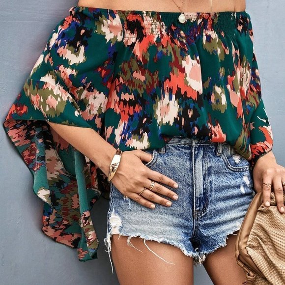 Dark Green Boho Womens Allover Print Off Shoulder Blouse - Picture 3 of 5